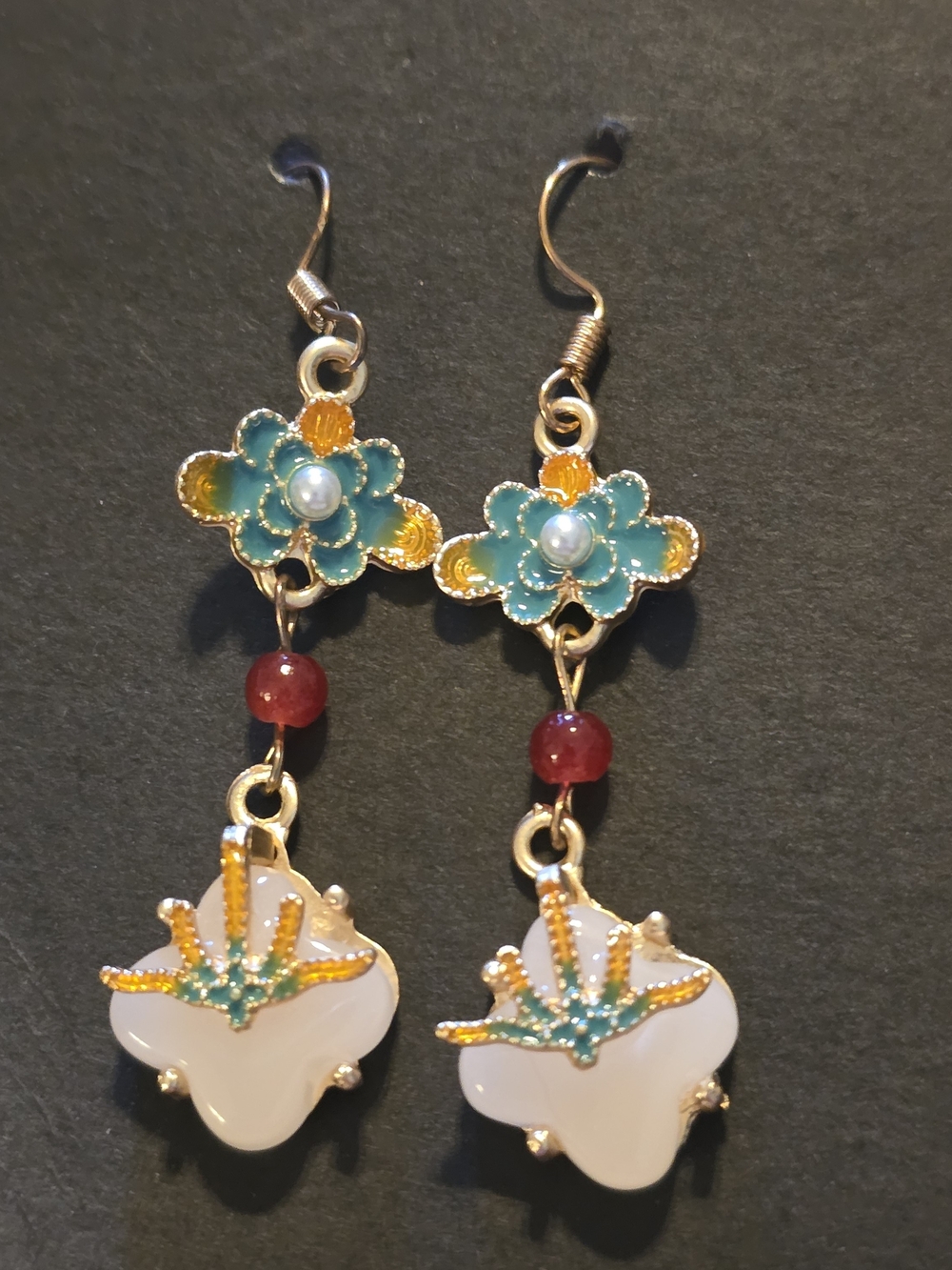 Floral Enamel Dangle Earrings in Turquoise, Gold and White